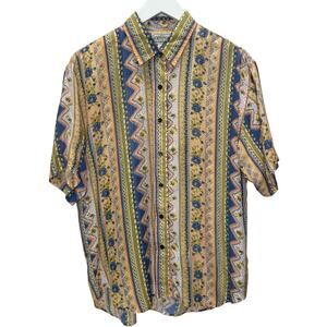 Vintage Croquet Club Short Sleeve Silk Blouse Size M Yellow Floral Boho Cottage